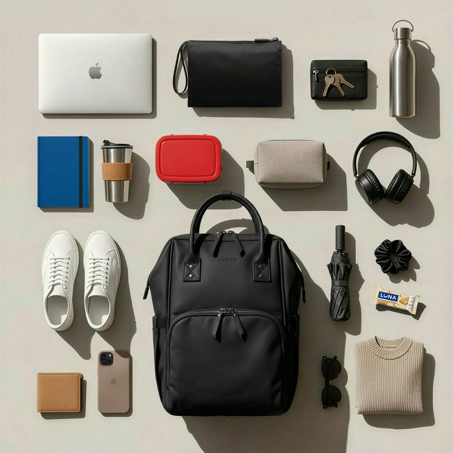 Flat-lay of the black ALUXO Active X baby bag with laptop, headphones, drink bottle and everyday essentials