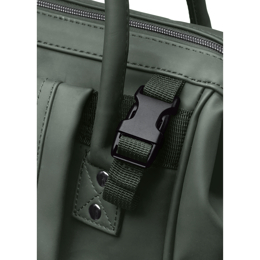 Close-up of the pram strap buckle on the olive green Active X baby bag
