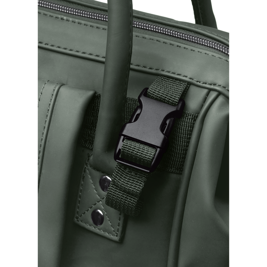 Close-up of the pram strap buckle on the olive green Active X baby bag