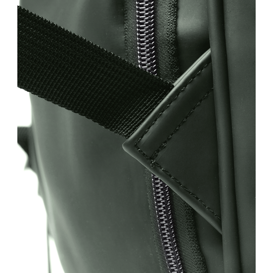 Close-up of stitching and zip detail on the olive green Active X baby bag