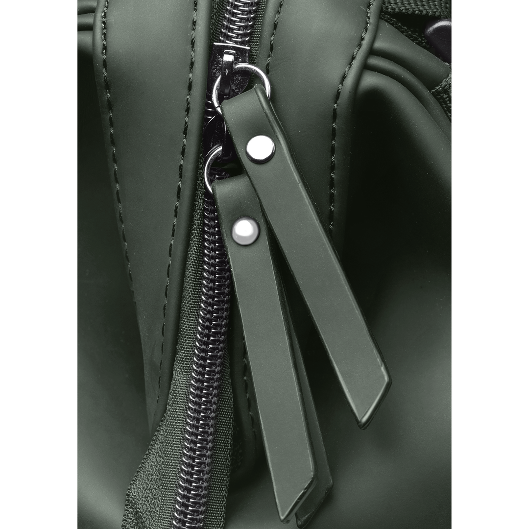 Close-up of olive green zip pulls with gunmetal hardware on the Active X baby bag