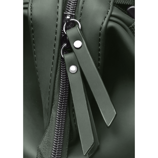 Close-up of olive green zip pulls with gunmetal hardware on the Active X baby bag